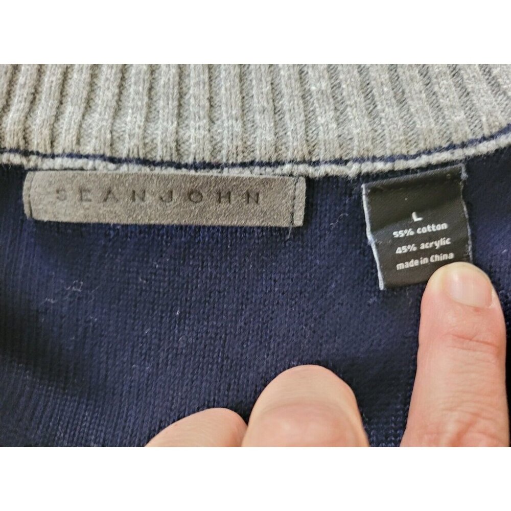 Sean John Men Sweater Full Zip Cardigan Navy Blue Gray Long Sleeve Size L - Picture 10 of 12